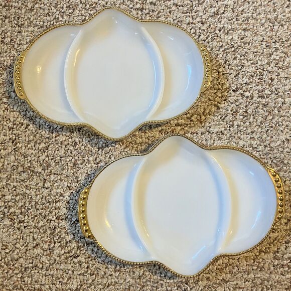 Set of 2 Vintage Fire King Milk Glass Divided Relish Candy Dish Gold Trim MCM - Picture 1 of 9